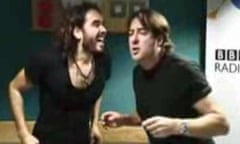 Russell Brand and Jonathan Ross in a BBC studio leaving messages on Andrew Sachs' answerphone