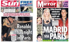 Ronaldo and Paris Hilton: Sun and Daily Mirror front pages