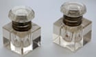 A pair of square cut glass inkwells