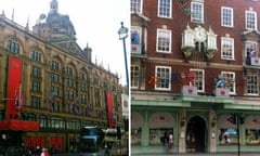 Shop fronts of Harrods and Fortnum & Mason