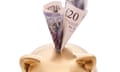 A golden piggy bank with £20 notes