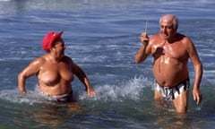 happy overweight people in sea