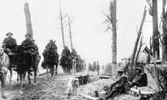 British cavalry cross a temporary bridge, circa 1915.