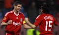 Steven Gerrard, left, celebrate scoring a record-breaking 33rd European goal