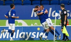 Kenny Miller, right, celebrates after scoring Cardiff City's second goal