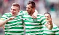 Joe Ledley, right, celebrates with James Forrest after scoring for Celtic against St Johnstone