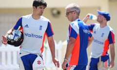 Alastair Cook chats to Peter Moores in Basseterre, St Kitts, where England tried to focus on prepara