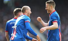 James Vincent, left, and Marley Watkins celebrate Inverness' second goal in the Scottish Cup final