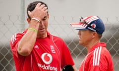 England's Kevin Pietersen talks to coach Andy Flower during a nets session in Barbados