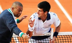 Novak Djokovic remonstrates with the umpire during his match against Jurgen Melzer