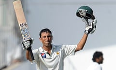 Pakistan cricketer Younis Khan marks his century against Sri Lanka