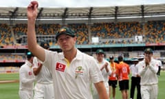 The Australian fast bowler James Pattinson acknowledges the crowd after taking five Kiwi wickets