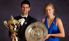 Novak Djokovic and Petra Kvitova pose for the official Wimbledon champions' portrait