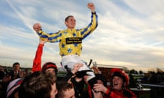 Paul Hanagan on the shoulders of fellow jockeys at Doncaster