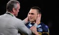 Leeds head coach Brian McDermott with his captain Kevin Sinfield celebrating after the match