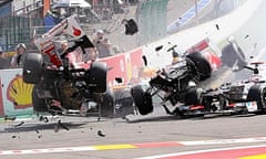 The crash at the first corner of the 2012 Belgium grand prix