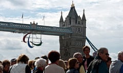 Paralympic Agitos hang from Tower Bridge in London.