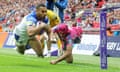 Ryan Atkins beats Leeds' Ben Jones-Bishop to score for Warrington in the Challenge Cup final