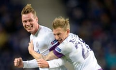 Roman Kienast, left, celebrates his goal for Austria Vienna against Porto with Daniel Royer.