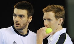 Jonny Marray and Colin Fleming talk tactics during their Davis Cup doubles win against Russia