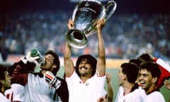 Ruud Gullit of AC Milan celebrates with the European Cup after win against Steaua Bucharest in 1989.