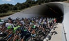 The pack exits a tunnel near Corte during the second stage of the Tour de France