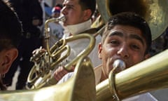 Brass musicians perform in the village of Guca, Serbia