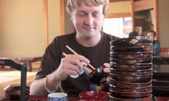 Jamie Lafferty eating Wanko Soba noodles in Hiraizumi