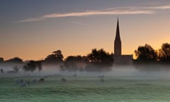 Salisbury Cathedral viewed from Harnham Water Meadows at sunrise