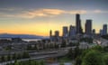 Seattle Washington Skyline and Freeway at Sunset