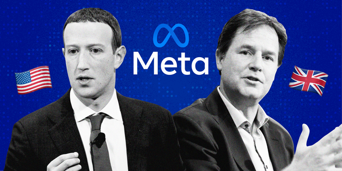 A graphic of Mark Zuckerberg and Nick Clegg on a blue spotted background with the Meta logo, a US flag, and a UK flag.