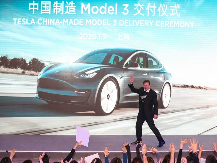 Tesla CEO Elon Musk gestures during the Tesla China-made Model 3 Delivery Ceremony in Shanghai on January 7, 2020 i