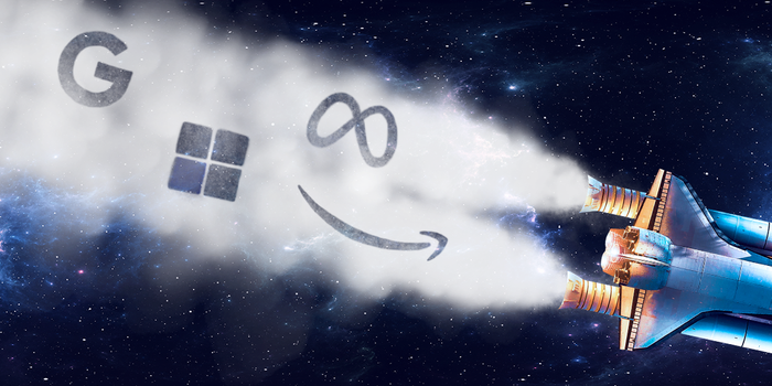 Spaceship with smoke coming out and Google, Meta, Microsoft, and Amazon logos in smoke 2x1