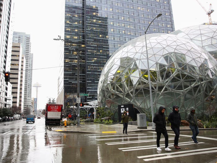 The Amazon Spheres are seen from Lenora Street, at Amazon's Seattle headquarters in Seattle, Washington, U.S.