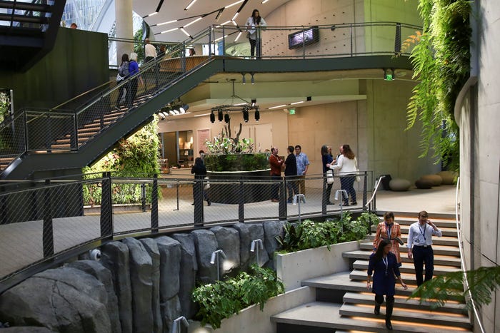 Amazon employees at the Spheres next to its Seattle headquarters