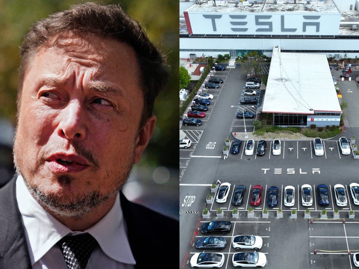 A composite image of Elon Musk and the parking lot of the Tesla factory in Fremont, California.