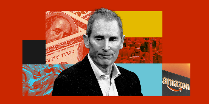 A graphic of a black-and-white photo of Andy Jassy over images of dollar bills, the amazon logo, and warehouses on a red background.