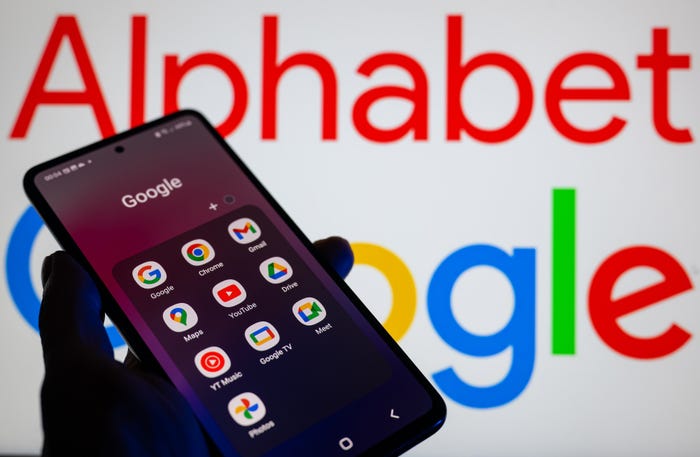 Google apps such as Gmail, Drive, Play Store, Maps, and Chrome are displayed on a smartphone with the Alphabet and Google logos visible in the background.