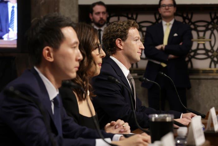 Meta CEO Mark Zuckerberg before Congress in 2024 to testify regarding social media's effect on children, alongside Linda Yaccarino of X and Shou Zi Chou of TikTok.