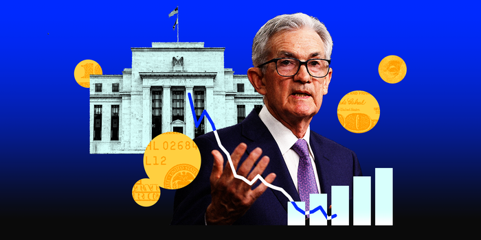 A collage of Jerome Powell, money, and the federal reserve