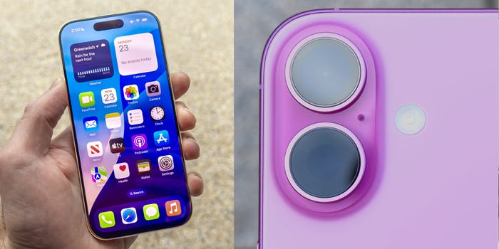 An original side-by-side composite image of the iPhone 16 Pro in hand and the rear camera of the iPhone 16 Plus.