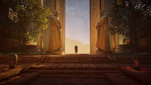 Eivor stands between two massive doors in Assassins Creed Valhalla, which is getting a spinoff.