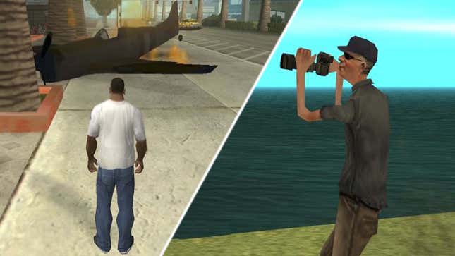 A collage shows two screenshots from San Andreas. 