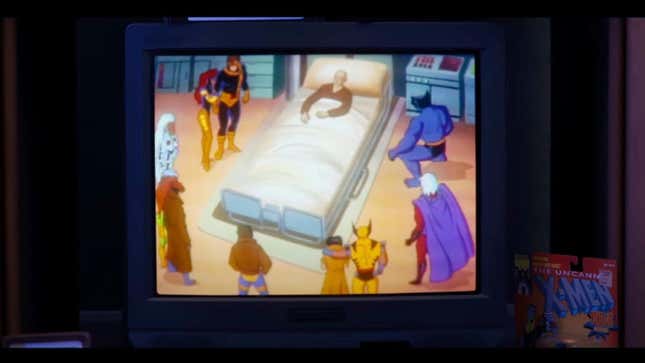 A TV plays the last episode of X-Men: The Animated Series