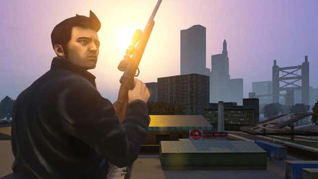A screenshot from GTA III on Android shows a man holding a sniper rifle. 