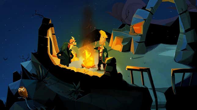 Guybrush Threepwood talking to old man at campfire in Return to Monkey Island