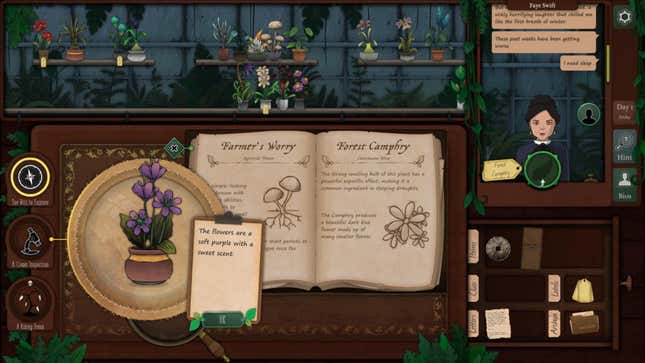 View of plants on shelves, book of plants, and customer at window in Strange Horticulture