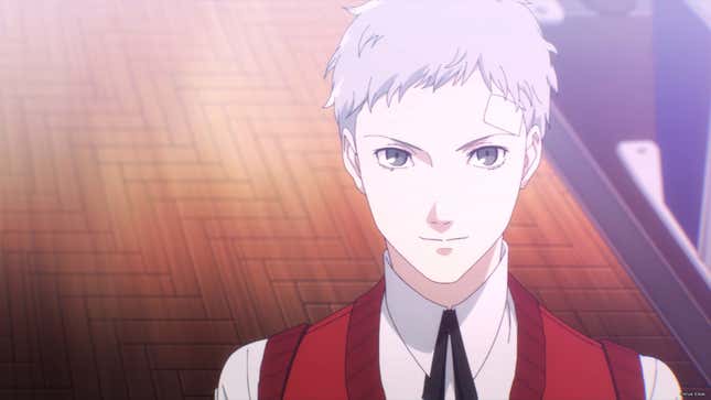 Akihiko stands in the school auditorium. 