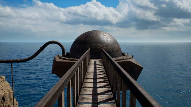 The player in Riven looks at a dome-shaped object.