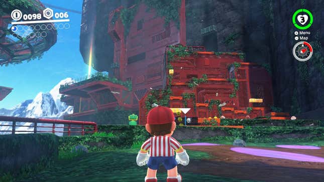 Mario wears a baseball cap to the platforming course. 